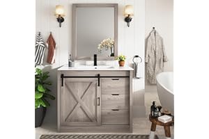 chartustriable 36 Inch Bathroom Vanity with Sink & Faucet & Mirror, Farmhouse Bathroom Vanity Cabinet Set with Sliding Barn Door & Drawers, Small Single Bath Storage Vanity Sink, Grey