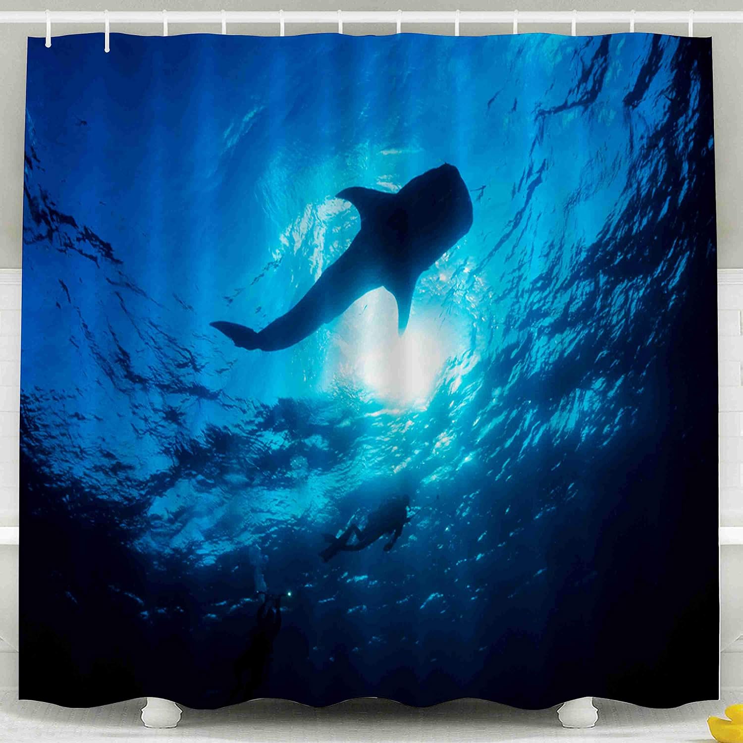 Shorping 78x72 Shower Curtain,Clear Shower Curtain, Whale Shark and The Diver Swimming in The Middle of The Ocean Waterproof Decor Bathroom Set with Hooks