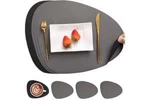 Myir JUN Placemats, Dual-Sided Placemats Waterproof Faux Leather Placemats Set of 4 Place Mats and Coasters Non-Slip Washable Table Mats for Dining Table (Gray Black, Set of 4)