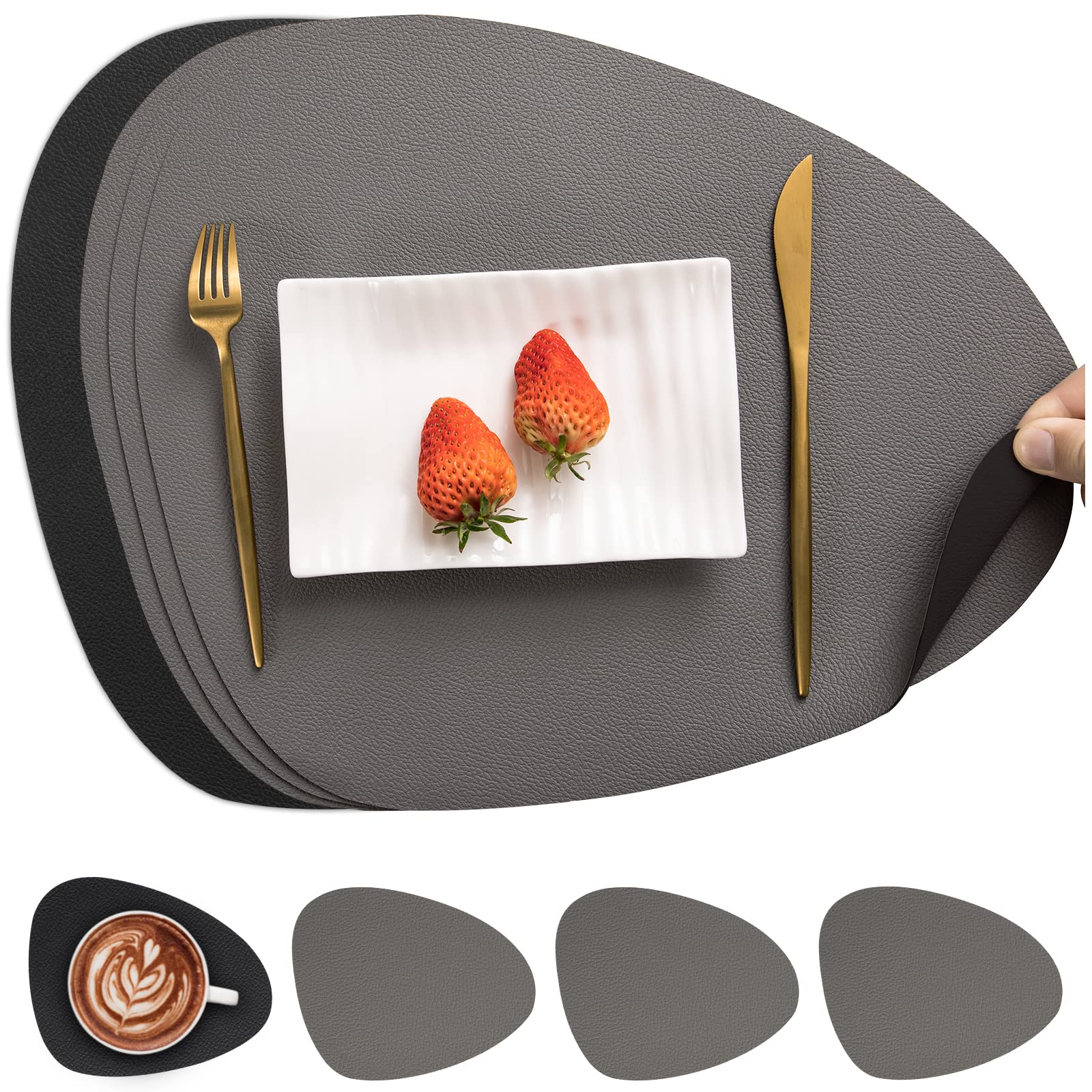 Myir JUN Leather Table Mats and Coasters, Placemat Round PU Waterproof Dual-Sided Kitchen Place Mats Coffee Mats Non-Slip Washable Placemats and Coaster Sets 4 (Set of 4, Grey Black)