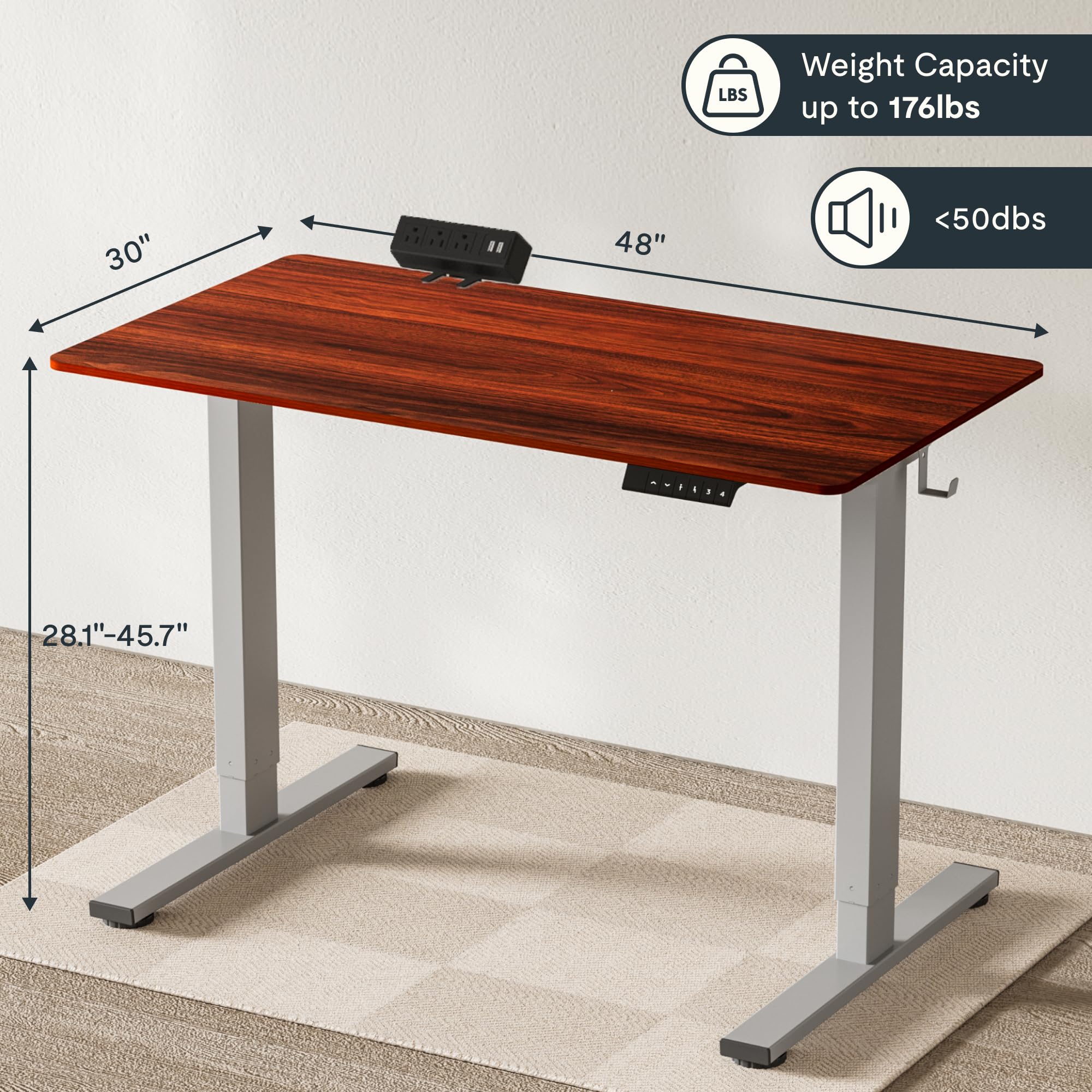 FLEXISPOT EN2 Standing Desk Height Adjustable 48 x 30'' Whole-Piece Desktop Electric Stand Up Desk with Desk Clamp Power Strip, Cable Management (Gray Frame + 48