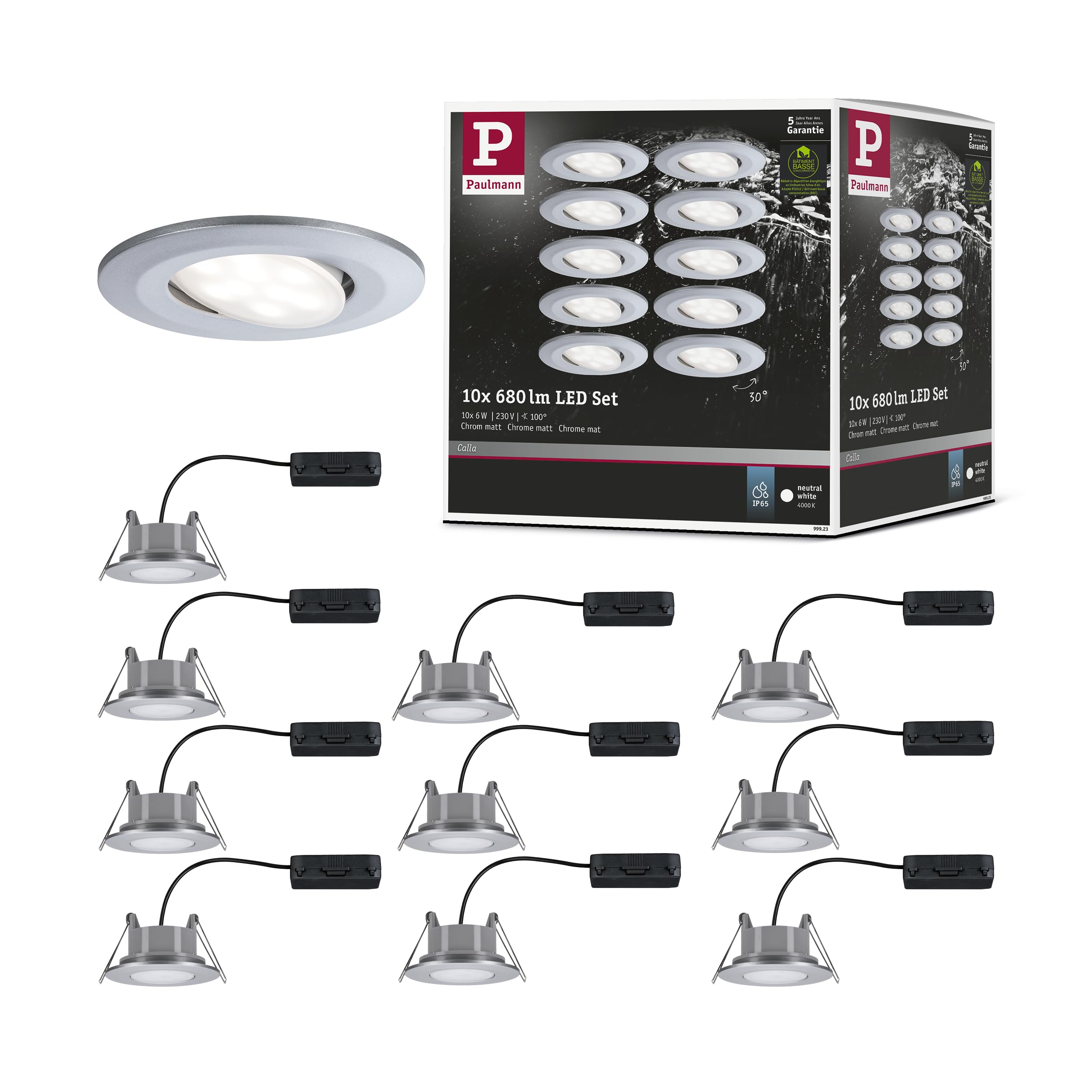 Paulmann 99923 Calla LED recessed luminaire Round Set of 10 incl. 10x6W IP65 recessed Spotlight Chrome matt Cabinet Light Plastic recessed lamp 4000K