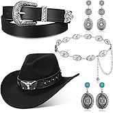 Toulite 5 Pcs Western Cowgirl Accessories Black Cowboy Hat Waist Chain Belt Dangle Earrings for Women Bachelorette Cosplay