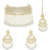 Aheli Gold Plated Traditional Kundan Pearl Drop Choker Necklace Earring Jewelry Set with Maang Tikka Gift for Women