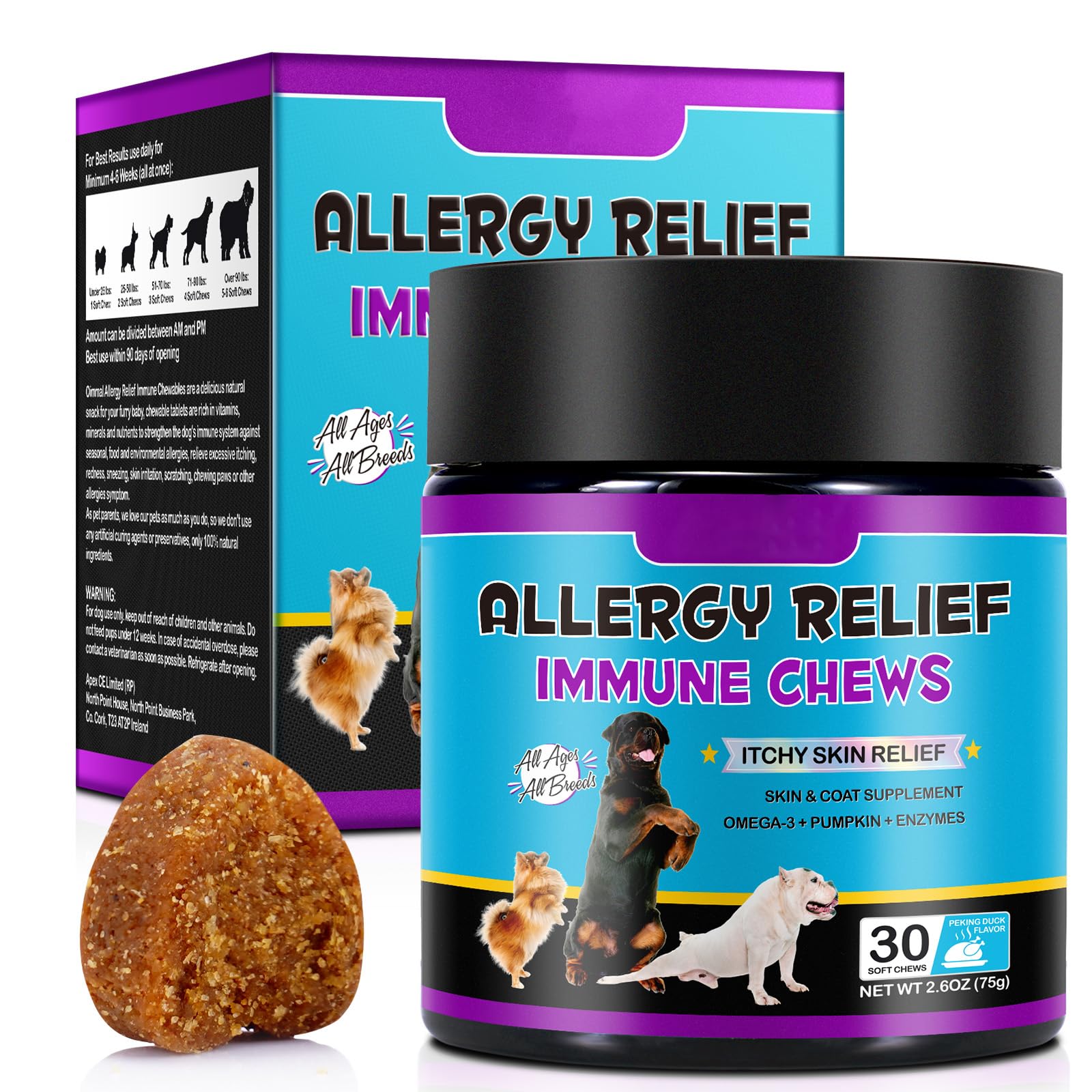 HUALIJIA Dog Allergy Relief Treats, Itch and Immunity Treats for Dogs - Soothe Itchy Skin, Paws, Eyes, Ears - Stop Itching, Licking, Scratching for All Breeds and Sizes, Peking Duck Flavor (30 Count)