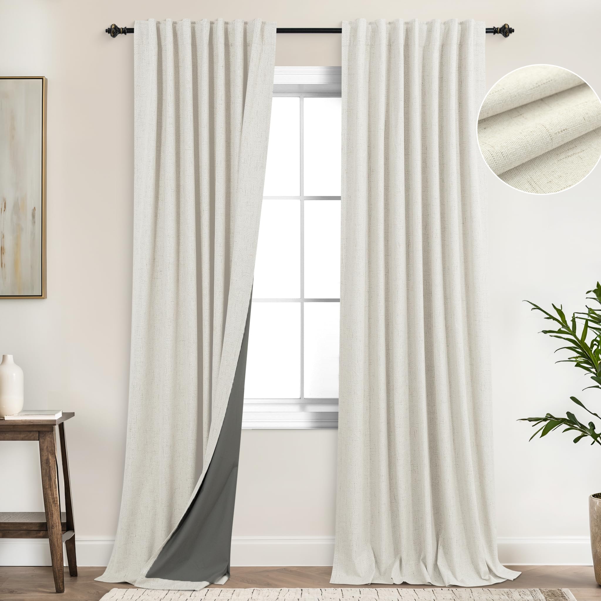 Photo 1 of KOUFALL 92 Inch Curtains for Living Room 2 Panels Set,Back Tab Room Darkening Linen Blackout Curtains 92 Inches Long for Bedroom,Cream Ivory