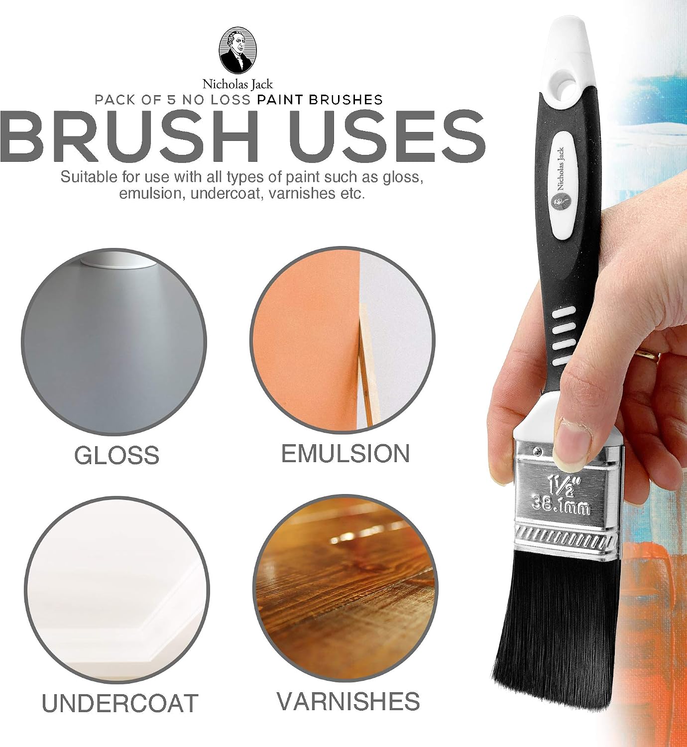 Paint Brush Set with No Bristle Loss Pack of Paint Brushes for DIY Wood Gloss Wall Furniture Indoor & Outdoor Painting - Free Decorating Guide (Set of 5 Paint Brushes) - Image 3