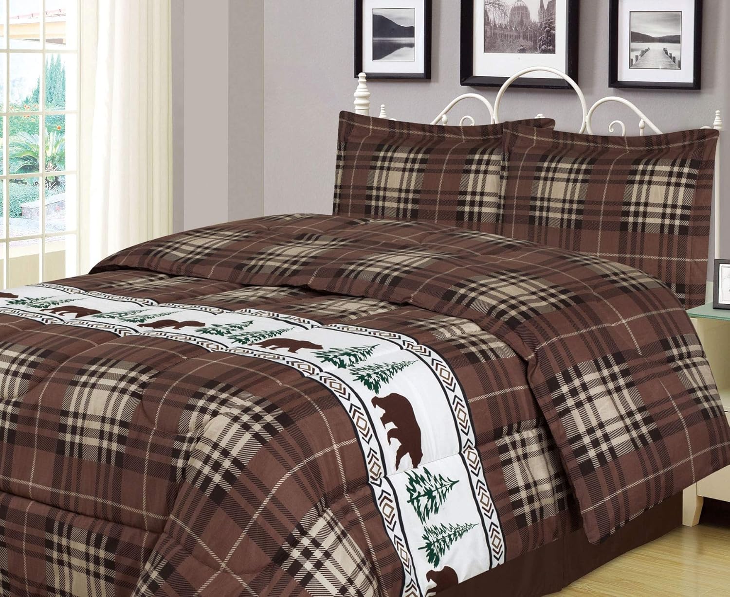 HowPlumb Plaid Bear King Comforter 3 Piece Bedding Set