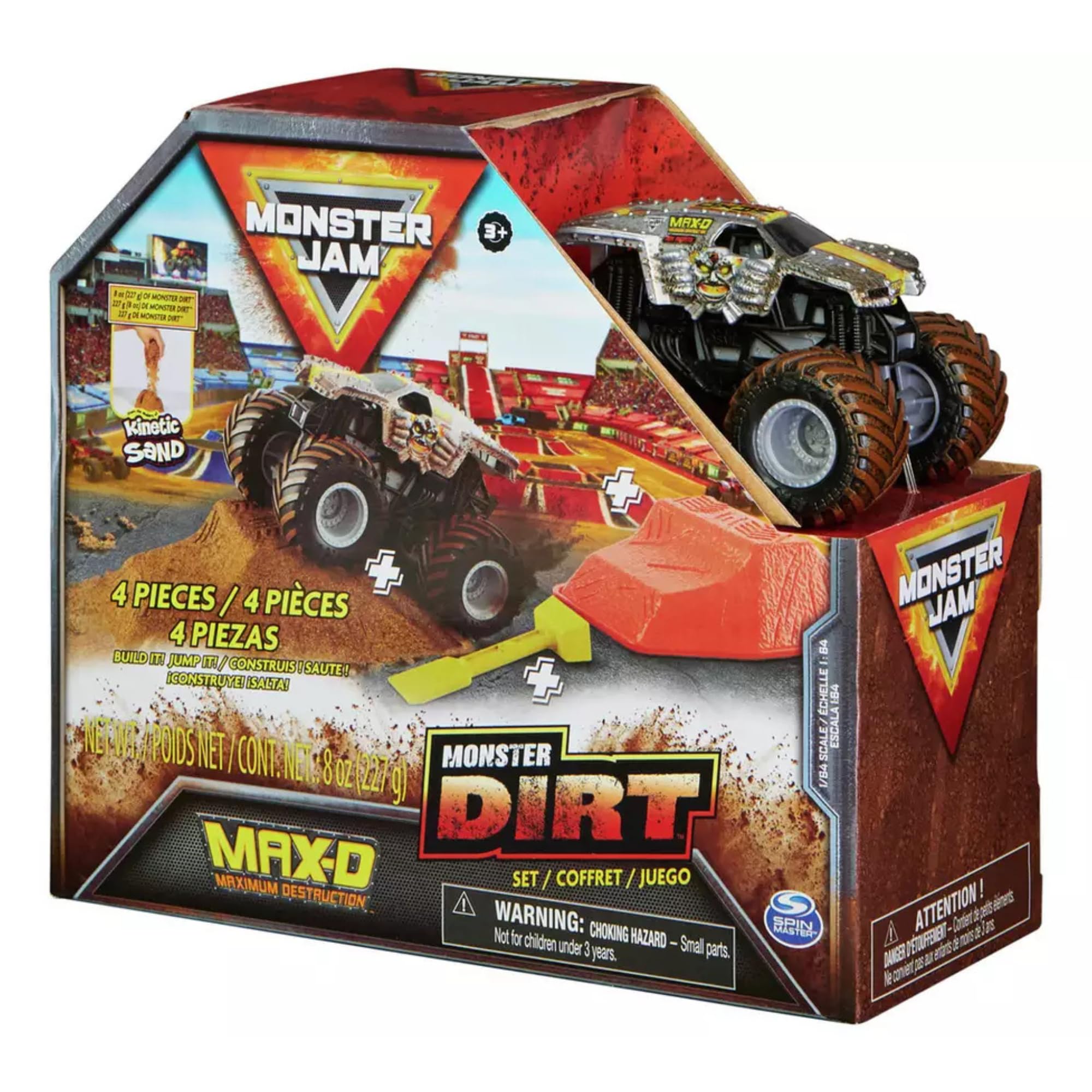 Monster Jam 4 Piece Playset With Monster Truck, Ramp, Roller & 227g of Monster Kinetic Sand - (Maximum Destruction)