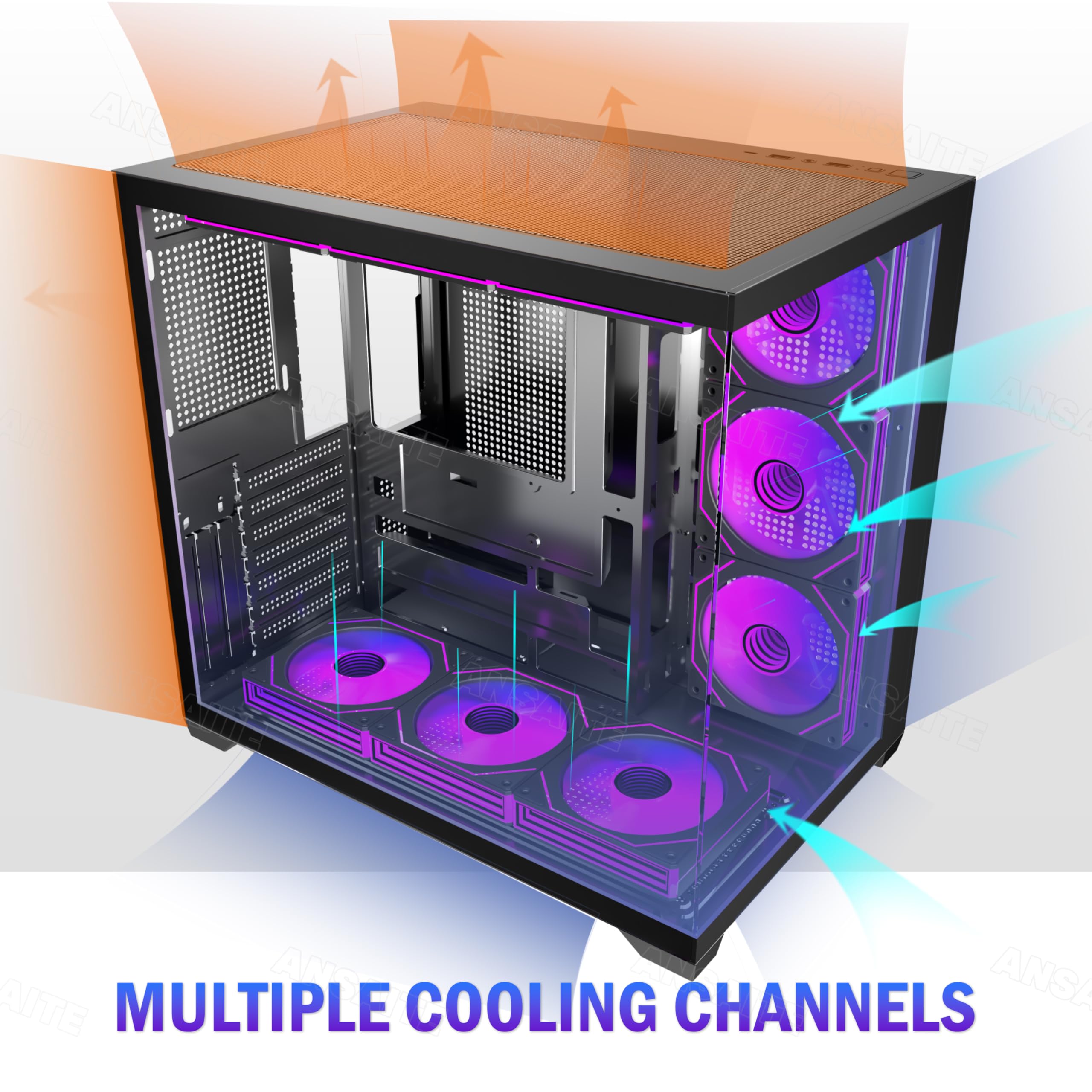 ANSAITE ATX PC-Gehäuse 9×120 mm ARGB PWM-Lüfter vorinstalliert ，Mid-Tower Gaming PC-Gehäuse, Panorama-Gehärtetes Glas Schwarz Computer-Gehäuse mit Typ-C, 360mm Radiator Unterstützung，H-D9 (Schwarz) 7