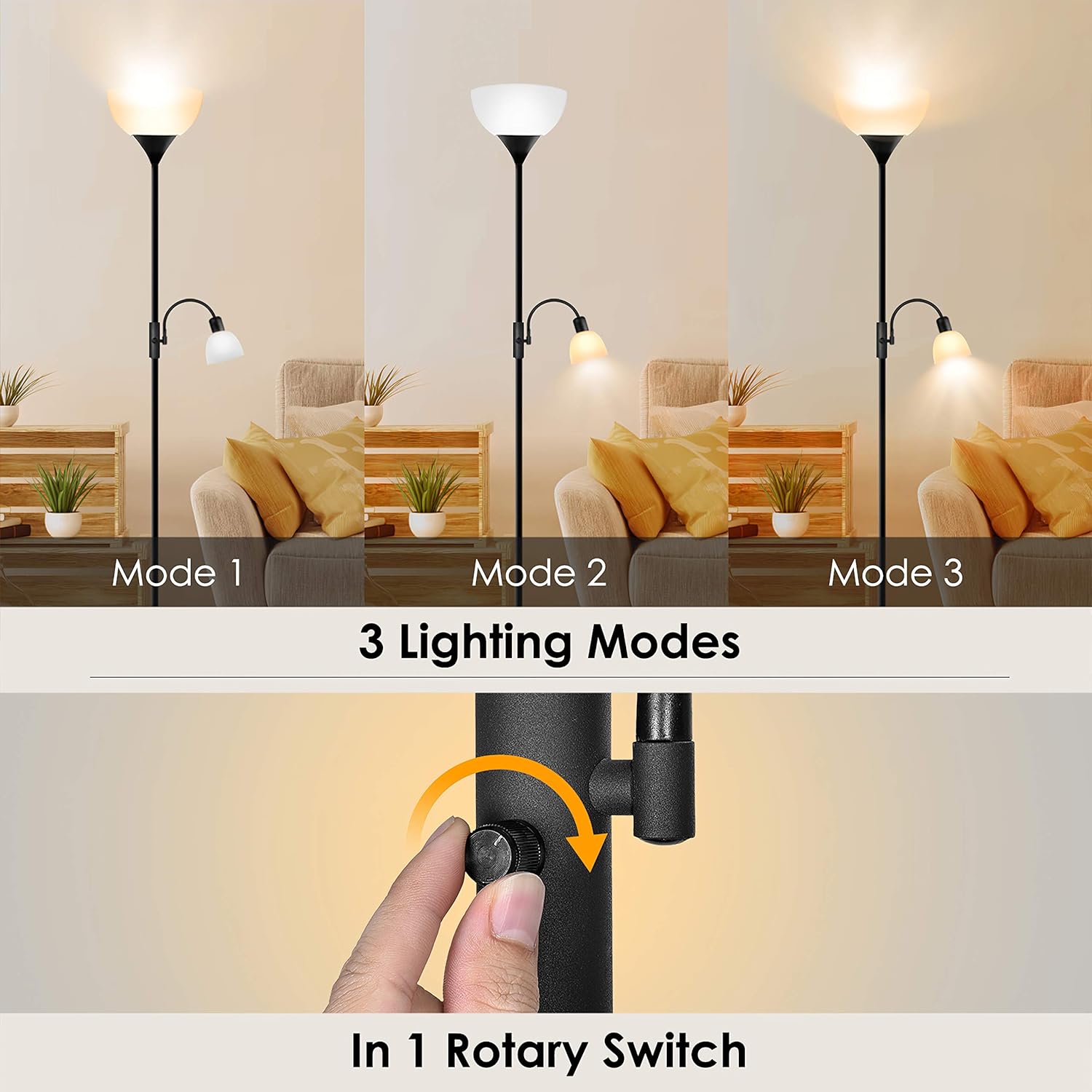 Floor Lamp - Standing Lamp, 9W LED Torchiere Floor Lamp + 4W Adjustable Reading Lamp, 3000K Energy-Saving LED Bulbs, 3-Way Switch, >50,000hrs Lifespan, Floor Lamps for Bedroom, Living Room, Office: Home Improvement