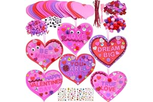 Fancy Land Valentine's Day Foam Heart Ornaments Craft DIY Valentine Craft Kits with Glitter Heart Shape Stickers Pom-poms Googly Eyes for Kids School Classroom Art Project Exchange Supplies 12 Sets
