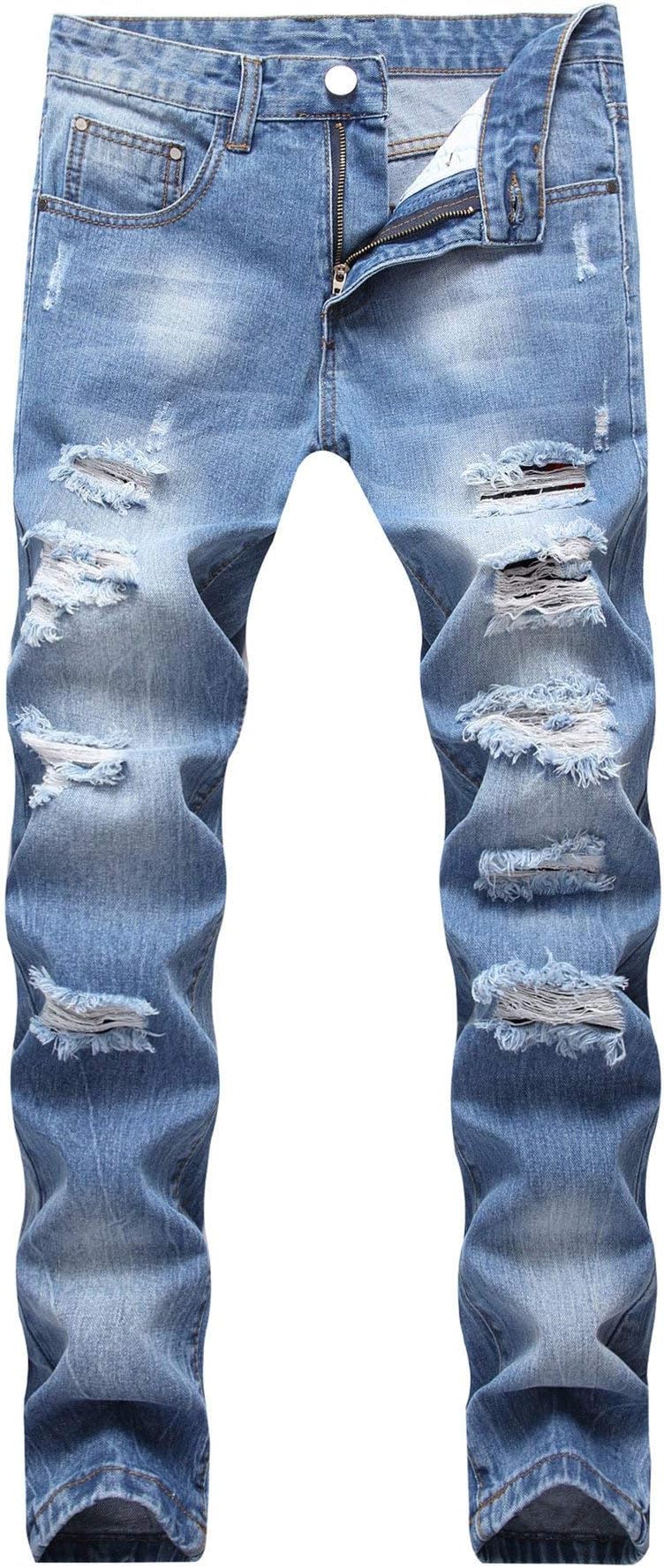 Men's Blue Slim Skinny Fit Distressed Ripped Elastic Tapered Leg Denim Jeans