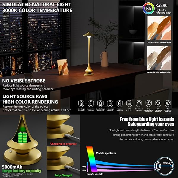 TIMJORMAN MODERN MINIMALIST CORDLESS TABLE LAMP,RECHARGEABLE,ALUMINUM ALLOY BODY FOR LIVING ROOM/BEDROOM/KITCHEN/OUTSIDE (GOLD COLOR 1 PACK)