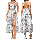 EYNMIN Floral Midi Dress Halter Neck Flowy A Line Split Lace Up Wedding Guest Dresses Casual Sundress for Women 2025