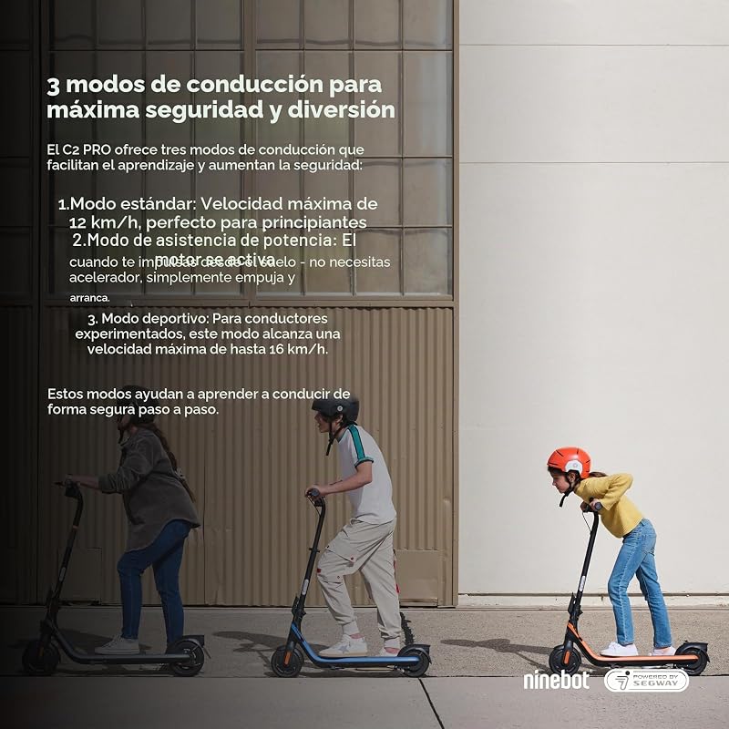 C2 Pro E, Patinete Eléctrico para niños y Adolescentes, máximo 16 km/h, 17 km de autonomía, 3 Modos de conducción