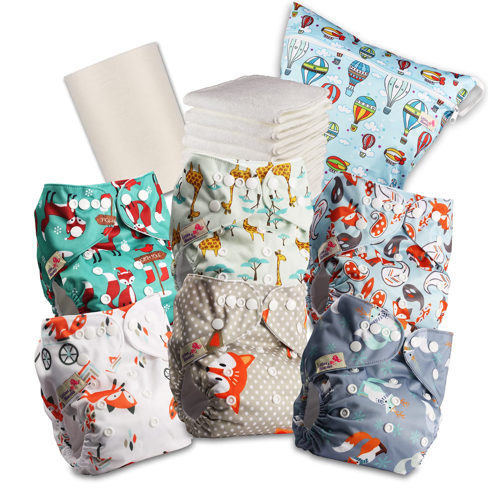 Littles & Bloomz Reusable Nappies – Pocket Cloth Nappy with Standard Poppers, 6 Nappies + 6 Microfibre Inserts, Bamboo Liner & Wet Nappy Bag 618PM6