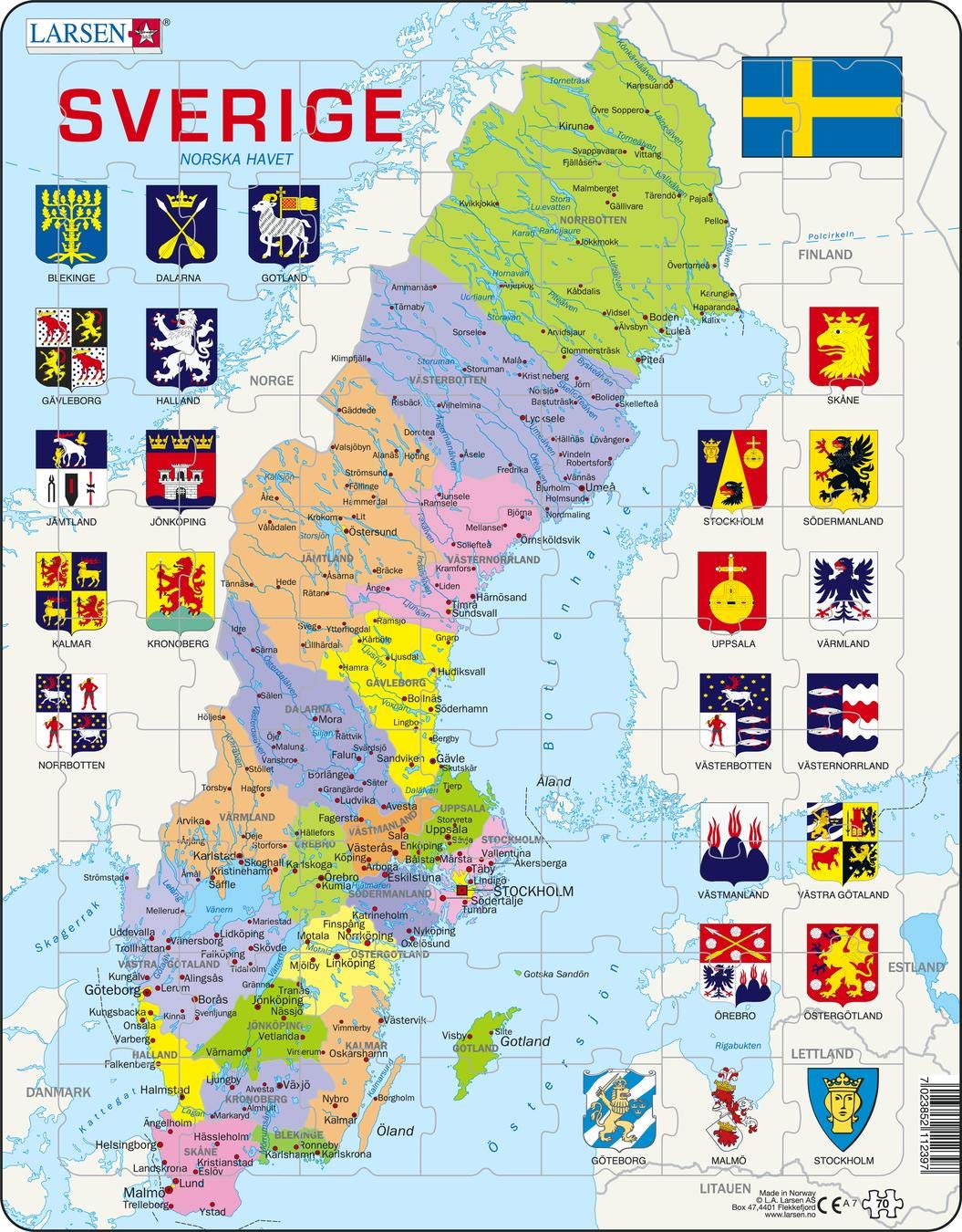 Larsen A7 Sweden Political Map Jigsaw Puzzle | 70 Pieces | Swedish Edition | Fun & Educational Map Puzzle