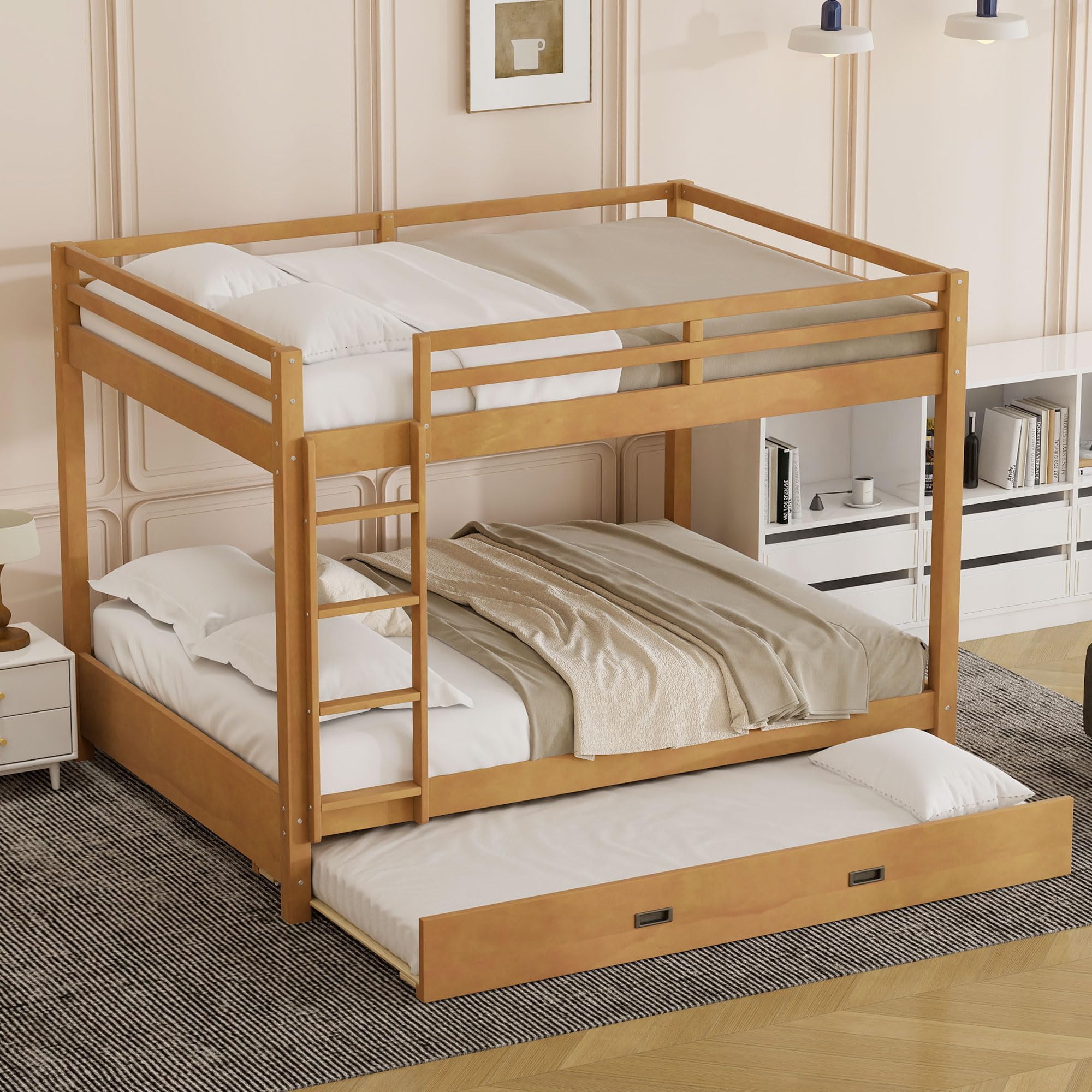 Photo 1 of ** 2 BOX PARTIAL SET** Merax Modern Queen Over Queen Size Wood Bunk Bed with Ladder and Twin XL Trundle, No Box Spring Required, Space-Saving, Wood Color