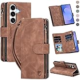 CAESBON for Samsung Galaxy S25-FE-Wallet Case: with RFID Blocking Card Slots (6 Cards) | Soft PU Leather Magnetic Snap Zipper Pocket | Crossbody Wrist Strap Protective Phone Cover - Brown