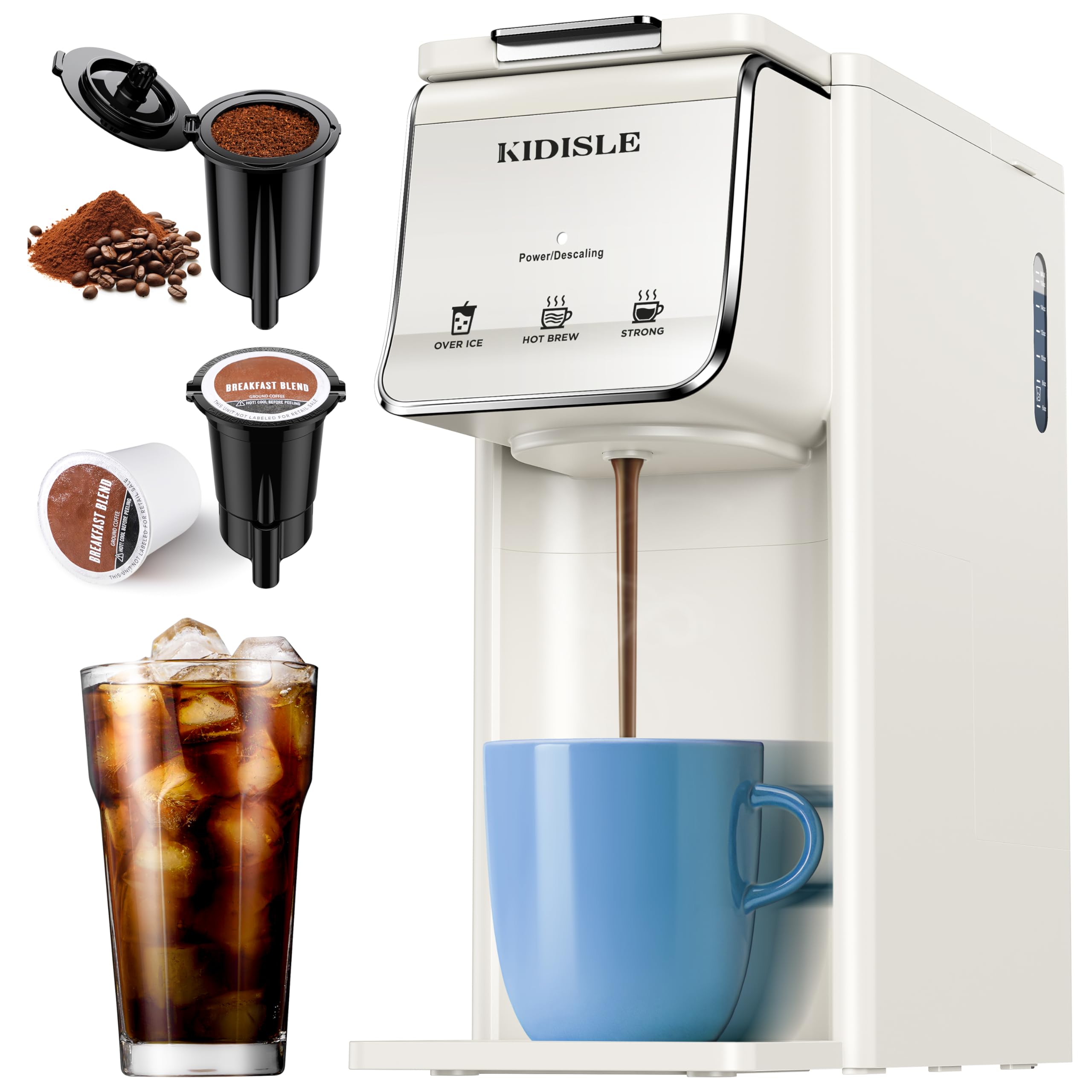 Photo 1 of KIDISLE Hot & Iced Coffee Maker for K-Cups & Ground Coffee, Single-Serve Brewer with Bold Setting, Reusable Filter, Travel Mug Friendly, Compact & Quick Brew, White