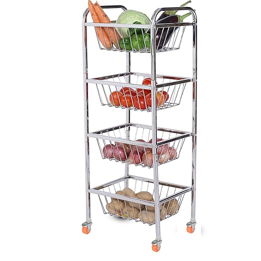 LiMETRO STEEL Stainless Steel 4 Layer Fruit Vegetable Trolley Kitchen