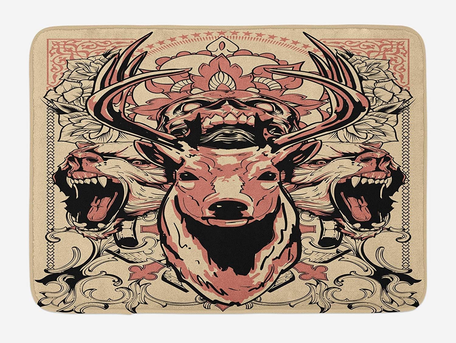 EJjheadband Deer Bath Mat, Modern Artsy Illustration of Skull and Wolves with Floral Design Majestic Antler, Plush Bathroom Decor Mat with Non Slip Backing, 23.6 x 15.7 Inches, Black Beige Pink