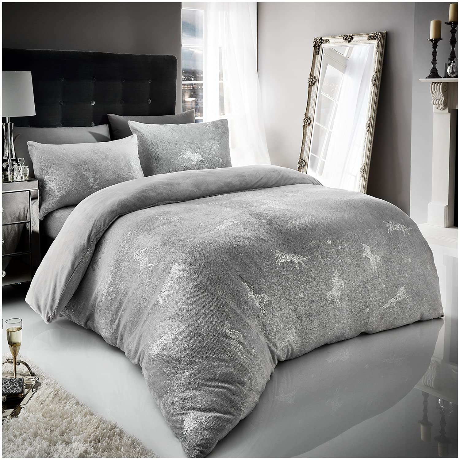 GC GAVENO CAVAILIA Teddy Fleece Duvet Cover, Fluffy Fitted Sheet, Warm Cozy Ultra Soft Bed Set, Polyester, Unicorn-Grey, Double