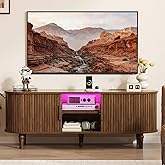 Curlaky TV Console with Power Outlet-55 Entertainment Center with Sliding Tambour Door, Modern TV Stands for Living Room Bedroom, LED Media Stand with Storage Cabinet and Adjustable Shelves, Walnut