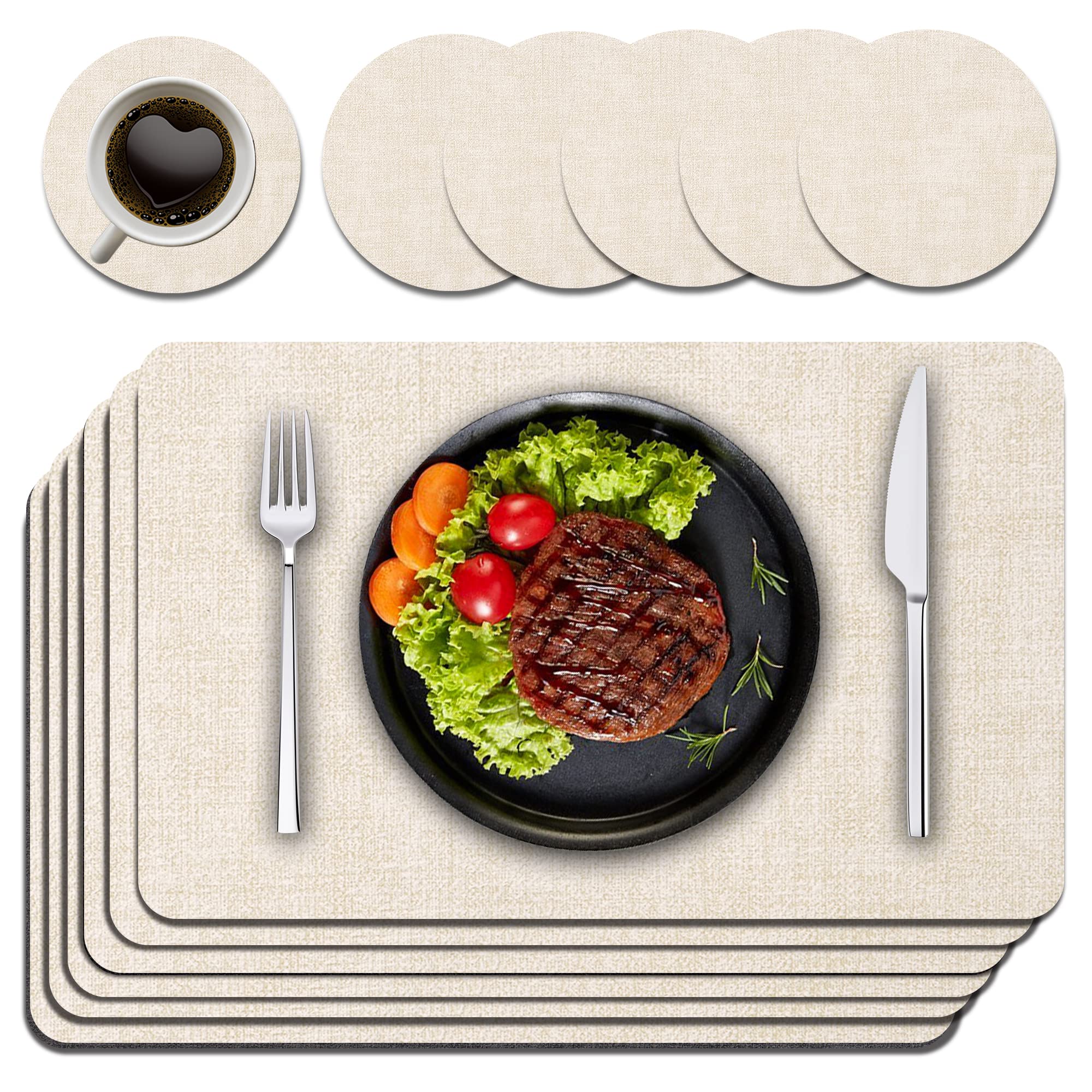 Purejoy Placemats and Coaster 6 Sets PVC, Christmas Table Mats Heat-Resistant Washable and Non-Slip 45 * 30 cm Dinner Table Mats Set of 6 for Kitchen Table Indoor Outdoor (Beige)