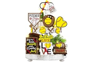 FAIRYSANDY 13 Pcs Softball Tiered Tray Decor Birthday Party Decorations Softball Wooden Table Decor Rustic Sport Game Sign for Fans Theme Party Supplies