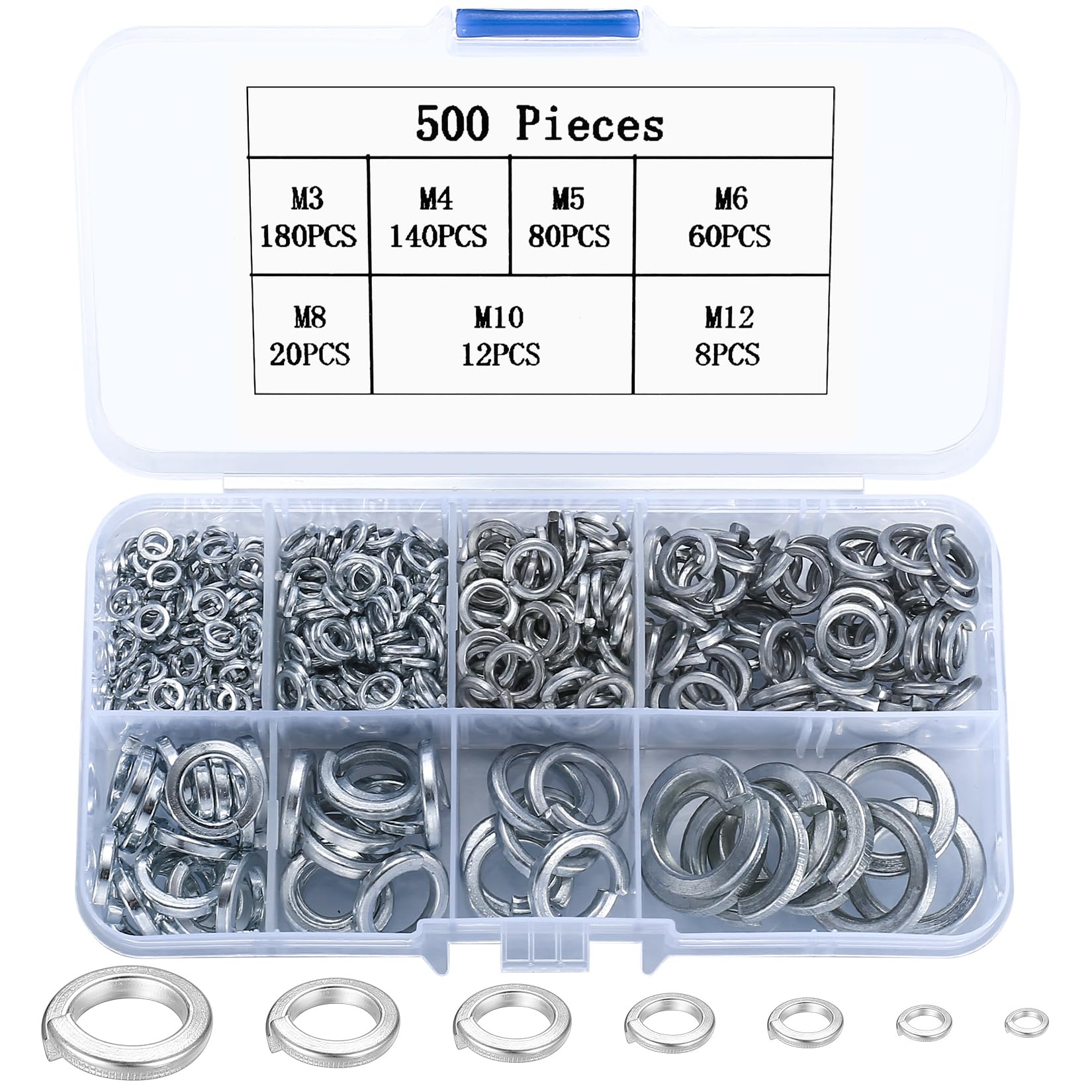 500 Pcs Spring Lock Washers, Rectangular Spring Spiral Split Lock Washers, DIN 127 Form B, M3 M4 M5 M6 M8 M10 M12