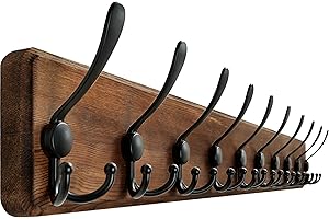 WEBI Coat Rack Wall Mount,38 9/16" Long,10 Hooks,Coat Hooks Wall Mounted,Coat Hanger Wall,Wood Hook Rack Rail,Triple Hooks for Hanging Coats,Clothes,Jacket,Brown