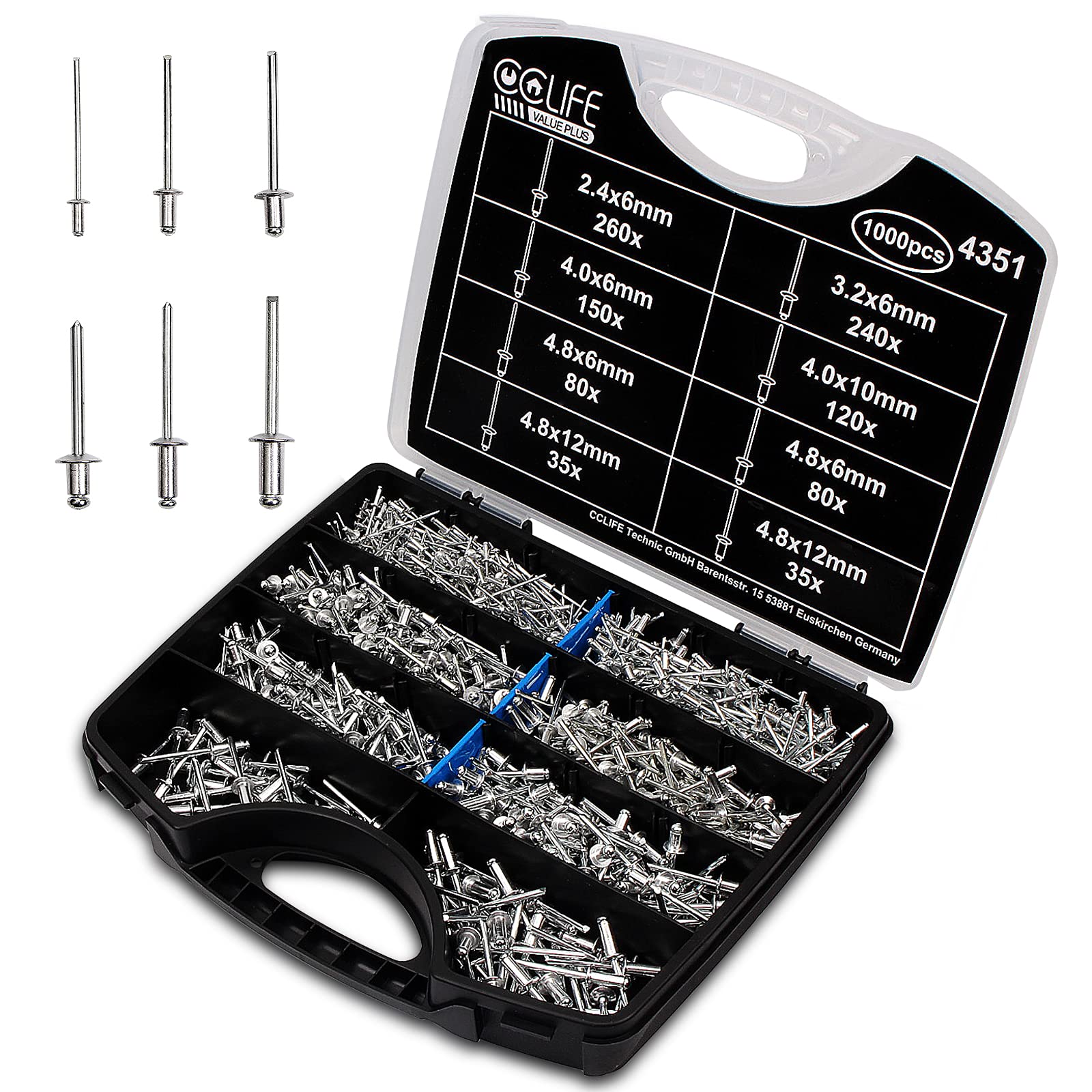 CCLIFE 1000 pieces aluminium blind rivets assortment pop rivets set rivets assortment 2.4 3.2 4 4.8