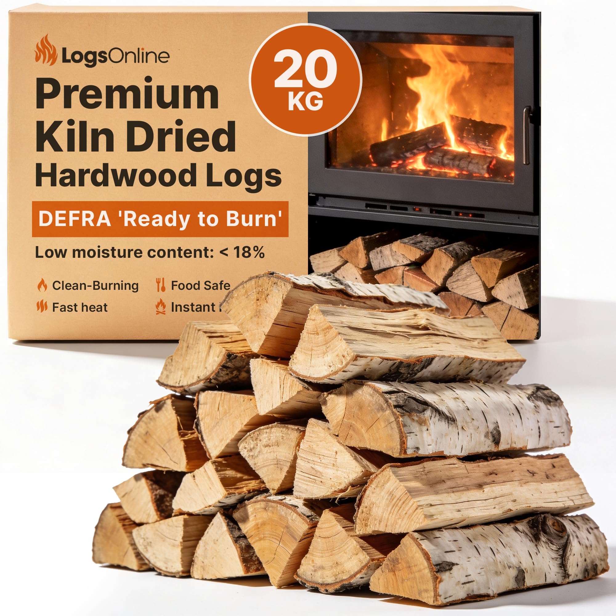 Logs for fire pit, 20kg/ 50L Litre Boxed Firewood For Pizza Ovens, Chiminea, BBQ Wood Burner Kiln Dried Hardwood Under 20% Moisture. 25cm Ready To Burn Fire Logs