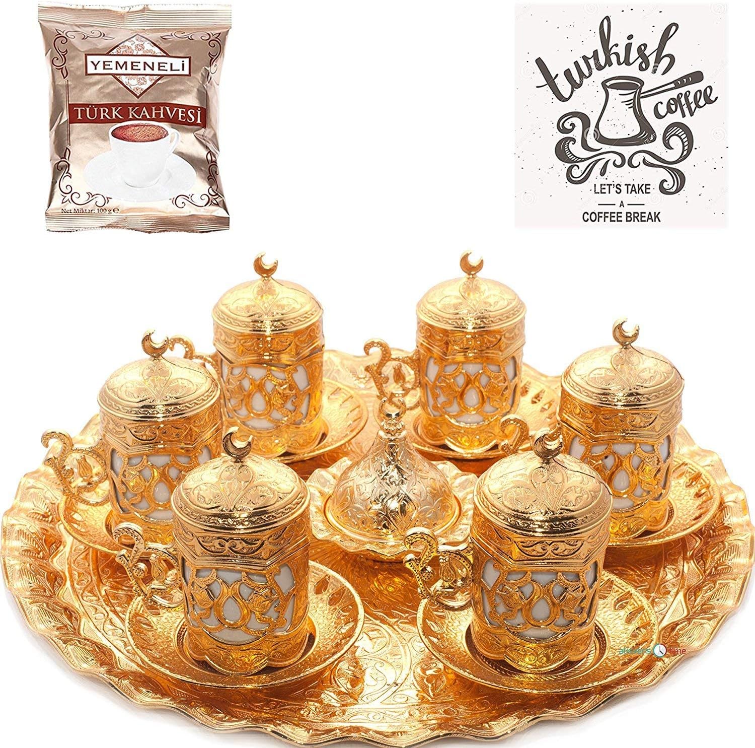 SILVER Turkish Greek Arabic Coffee Serving Cup Saucer Gift Set
