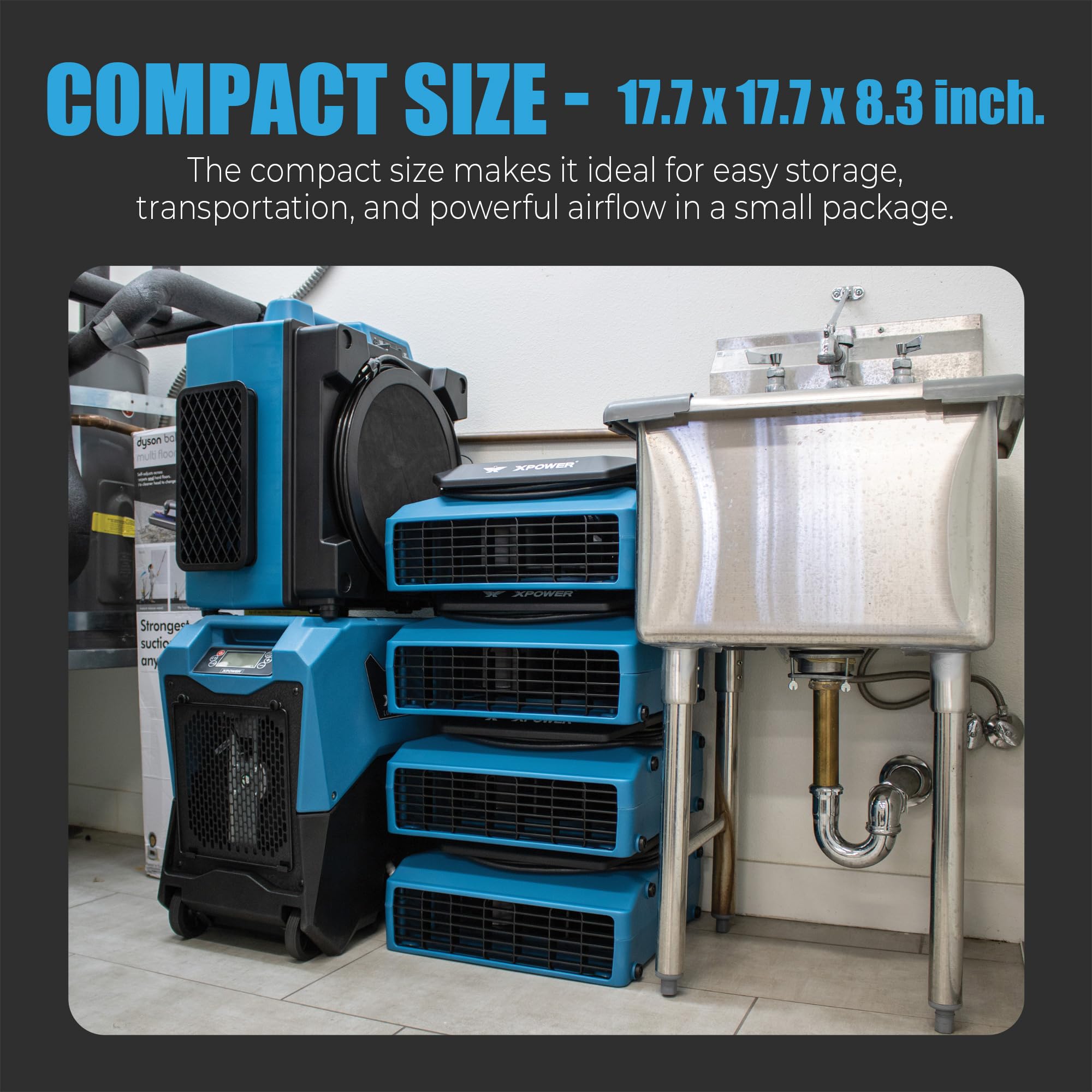 XPOWER PL-700A 1/3HP 1050 CFM Air Mover – Sealed Motor Low Profile Carpet Dryer – Air Blower Build-In GFCI Power Outlets & Hour Meter Dryer Floor Fan