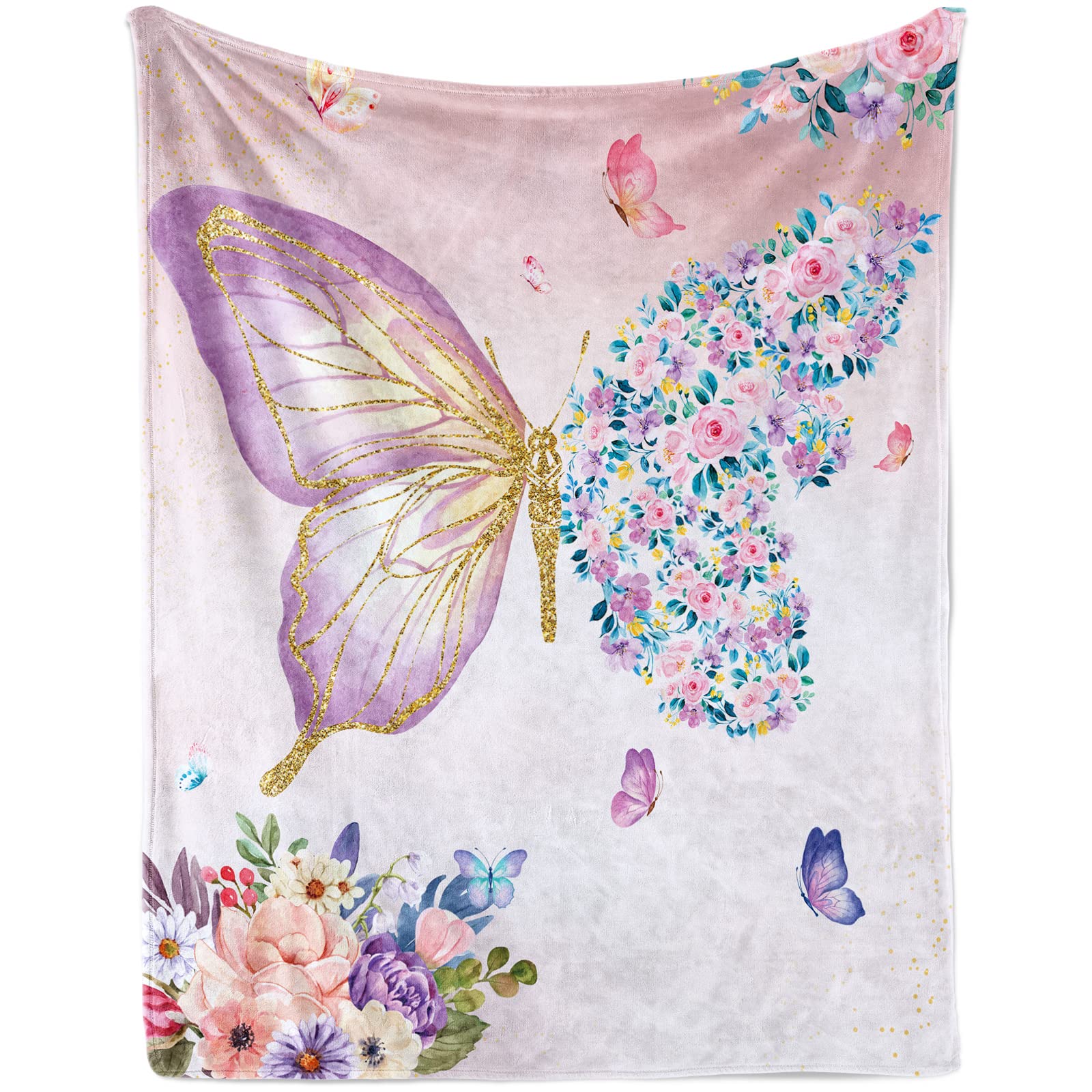 Lingqiang Butterfly Floral Throw Blanket Gifts , Watercolor Butterfly Flowers Soft Cozy Flannel Blanket for Kids, 100 x 130 cm Pink Purple Butterfly Spring Fluffy Blanket Couch Bed Bedroom