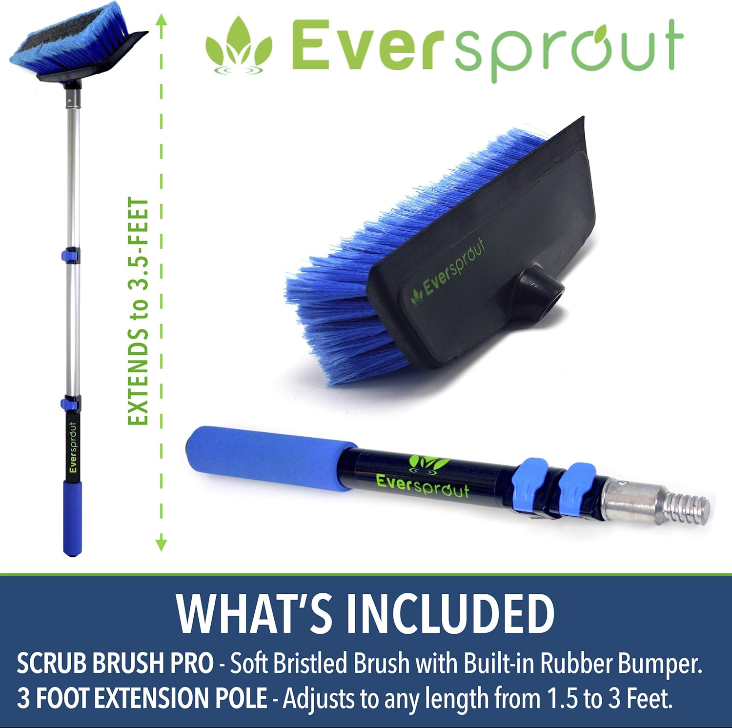 EVERSPROUT 1.5-to-3.5 Foot Scrub Brush (8-10 Ft. Standing Reach) | Built-in Rubber Bumper | Lightweight Extension Pole Handle | Soft Bristles wash Car, RV, Boat, Solar Panel, Deck | No Scratch Brush: Automotive