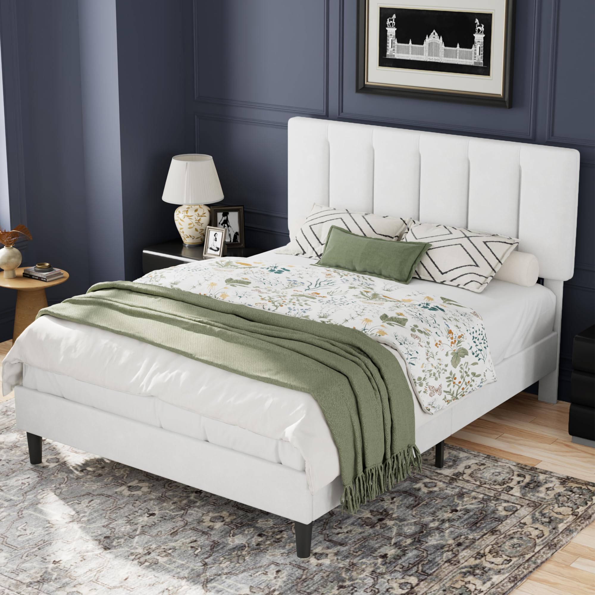 VECELO Full Bed Frame with Upholstered Headboard, Heavy-Duty Platform Bedframe with Strong Wooden Slats Support, No Boxing Spring Needed, Pure White Image