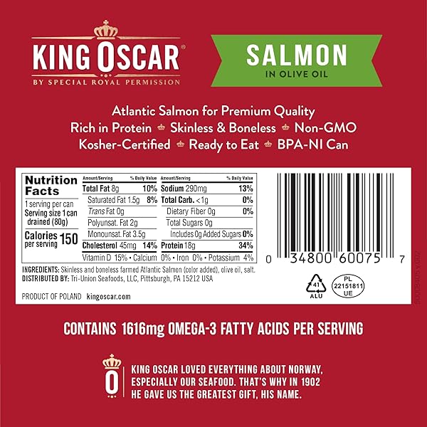KING OSCAR PREMIUM SALMON IN OLIVE OIL, 4.05-OUNCE CANS (PACK OF 12, PACKAGING MAY VARY), SKINLESS & BONELESS SALMON