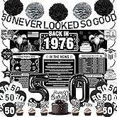 50th Birthday Decorations Men, 38pcs Black and White Birthday Party Decorations-Back in 1976 Backdrop Banner Balloons Paper Pompoms Hanging Swirls Cake Toppers Party Supplies Cheers to 50 Years Old
