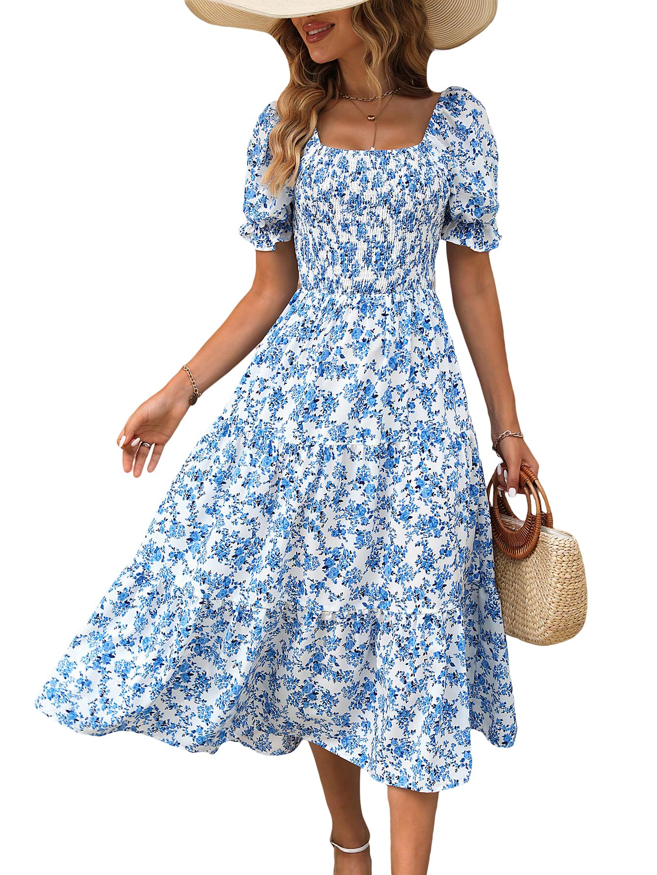 Stunning Fairy Tea Break Platycodon Square Neck High Waist Floral Dress for Women Summer French Style Elegant Chiffon Princess Long Dress