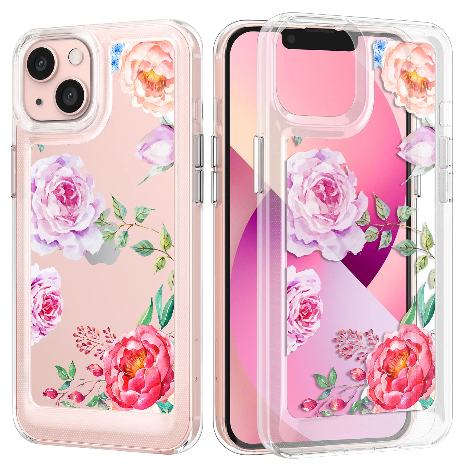 UEEBAI Case for iPhone 13 6.1 inch, Clear Slim Protective Floral Cover Soft TPU Edge Hard Back Shockproof Cover with Unique Flowers Design for Women Girls - Peony