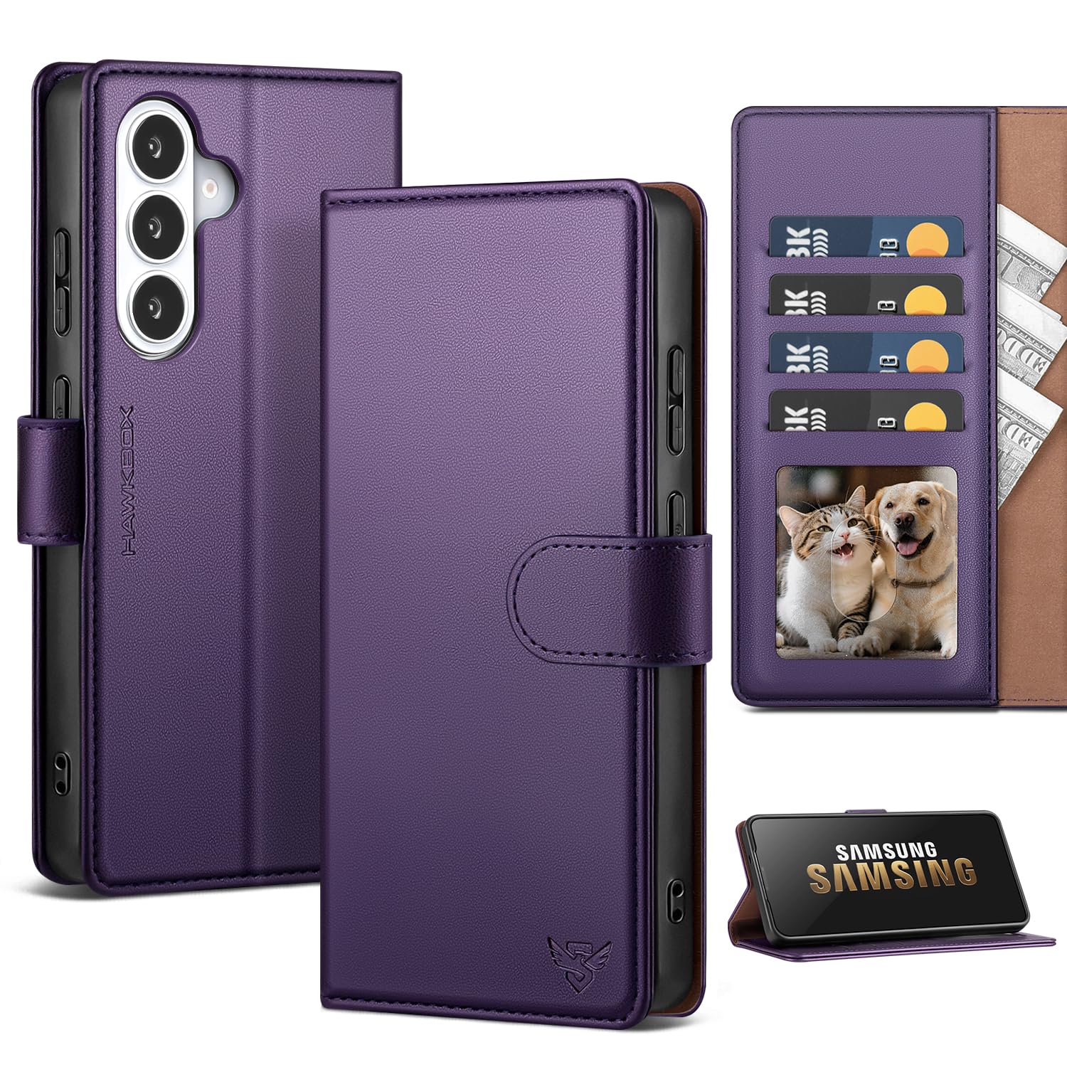 HawkBox Compatible with Samsung Galaxy S26 Plus Case Wallet with Card Holder [4 Card Slot] Women Men,RFID Blocking PU Leather Phone Case Flip Protector Cover Credit Card Slot Kickstand,Dark Purple