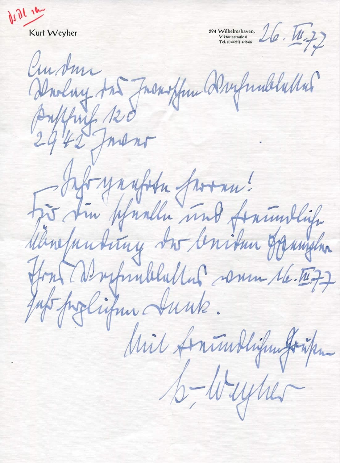 GERMAN REAR ADMIRAL Kurt Wyher autograph letter signed