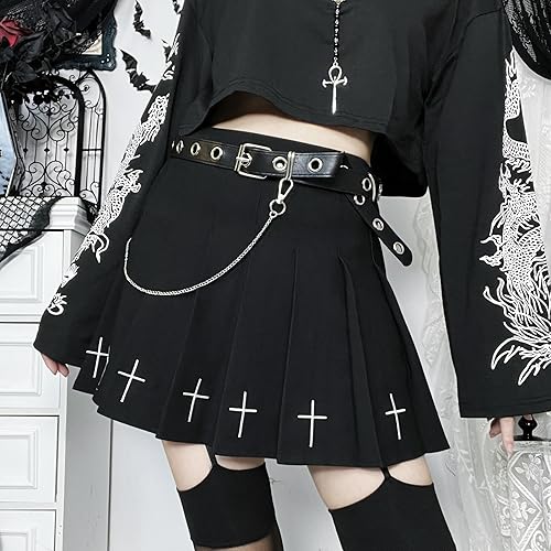Womens Cross Print Pleated Skirt Black Goth Punk Skirts with