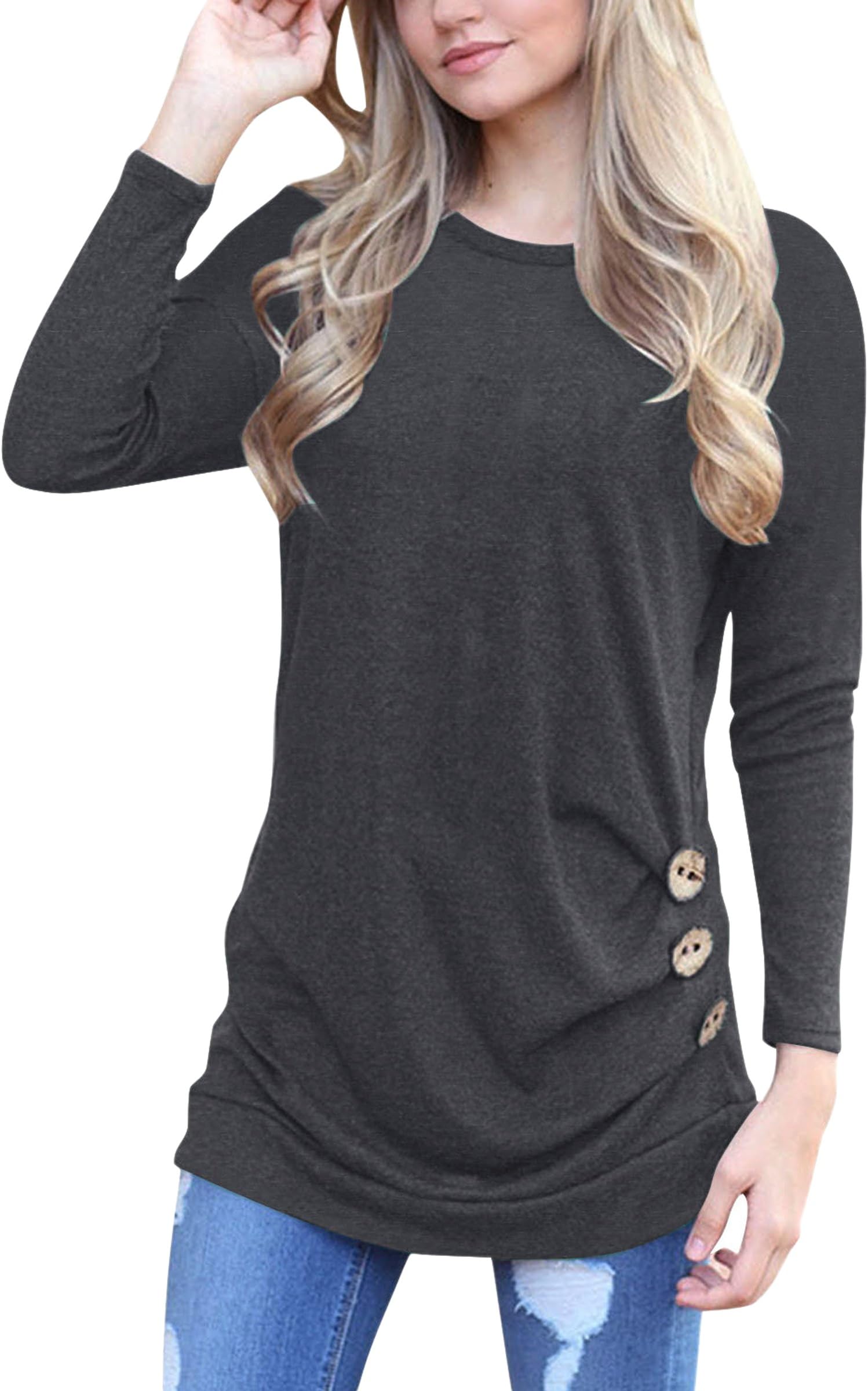 ECOWISH Women's Casual Long Sleeve Round Neck Loose Tunic T Shirt Blouse Tops