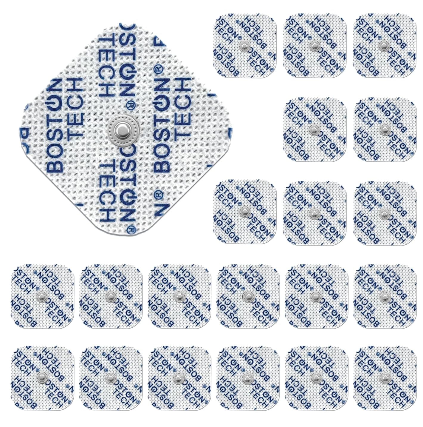 Set of 20 Boston Tech Electrodes, 5x5 cm. Supersoft Reusable Pads. Compatible with All TENS and EMS Electro Stimulators with a 3.5 mm Button Type Connector (Snap).