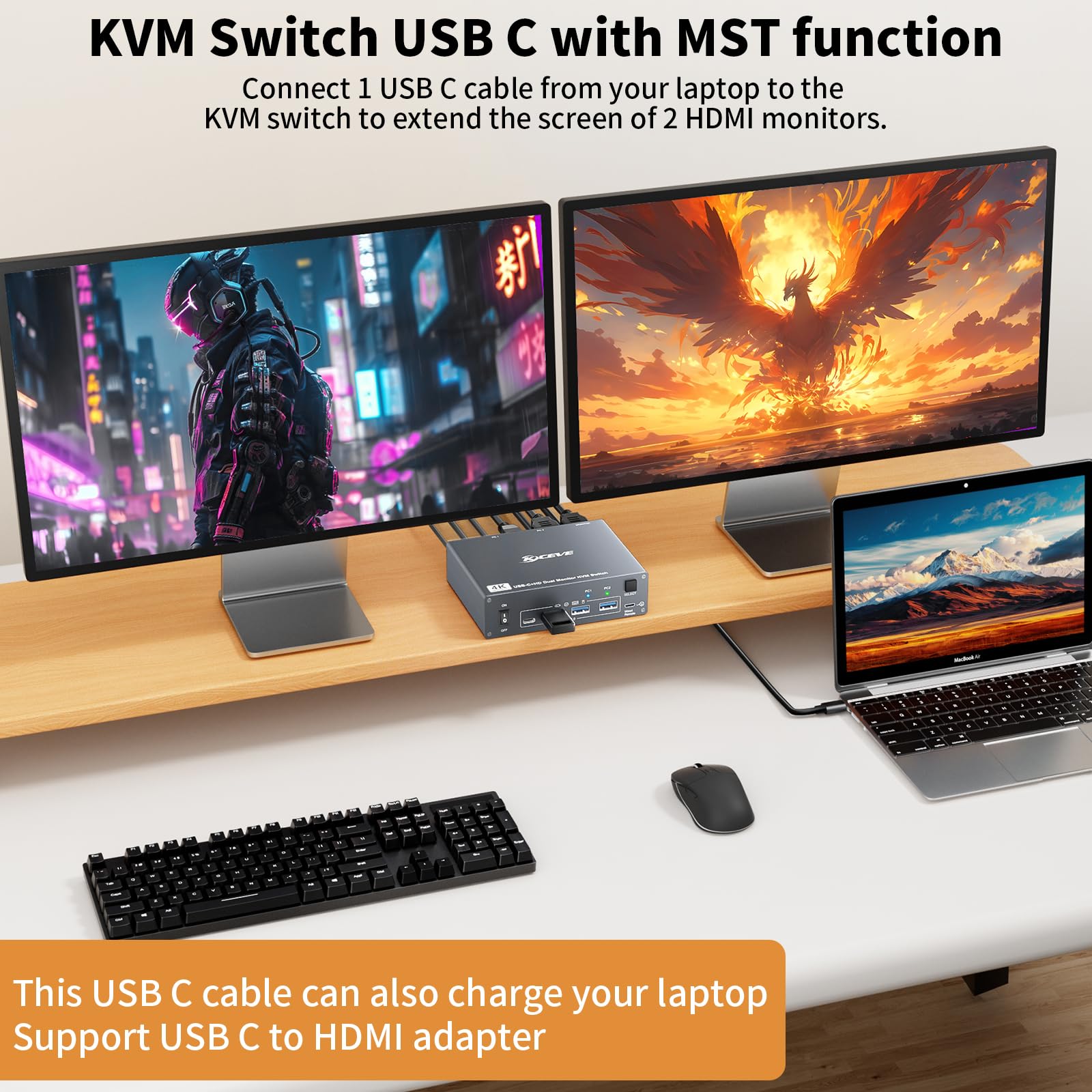 4K@60Hz USBC HDMI KVM Switch 2 PC 2 Monitore für 1 Laptop und 1 Desktop, Dual Monitor KVM Switch mit 4 USB 3.0 Ports, 73W PD Laden, mit Kabelfernbedienung, Netzadapter und USB-C Kabel 5